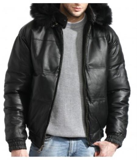 Mensusa Products Men's Genuine Leather Bubble Bomber Jacket Snorkel, Removable Hood With Fox Fur Trim Black