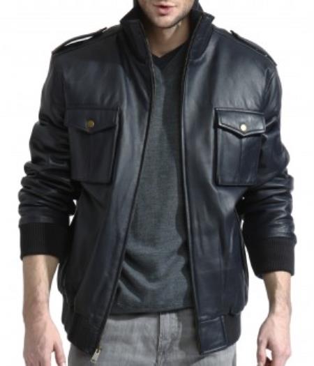 Mensusa Products Men's Lambskin Leather Jacket Military Bomber With Knit Trim Red,Navy And Olive