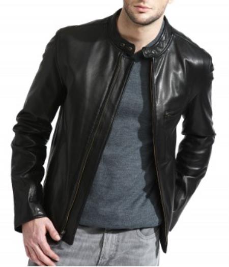 Mensusa Products Men's Black Lambskin Leather Cafe Racer Jacket