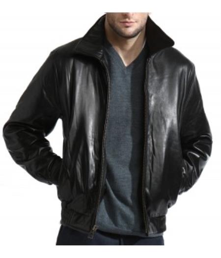 Mensusa Products Mens Classic Black Lambskin Leather Simple Bomber Jacket