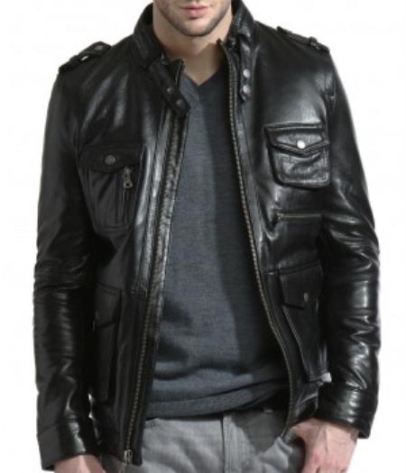 Mensusa Products Mens Black Lambskin Leather Military Ultimate Moto Jacket