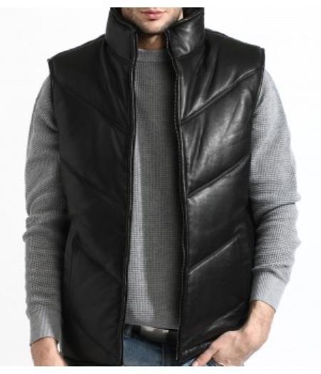 Mensusa Products Men's Lambskin Leather Padded Bubble Vest Black
