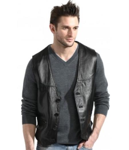 Mensusa Products Men's Black Lambskin Leather Classic Dress Vest