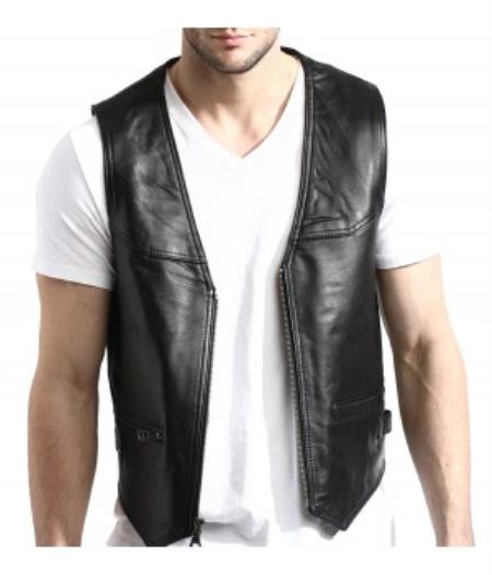 Mensusa Products Men's Black Lambskin Leather Zip-Front Vest