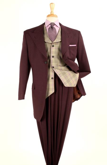 Mensusa Products Men's 3 piece 100% Wool Fashion Suit - Glen Plaid Vest Gold,Burgundy