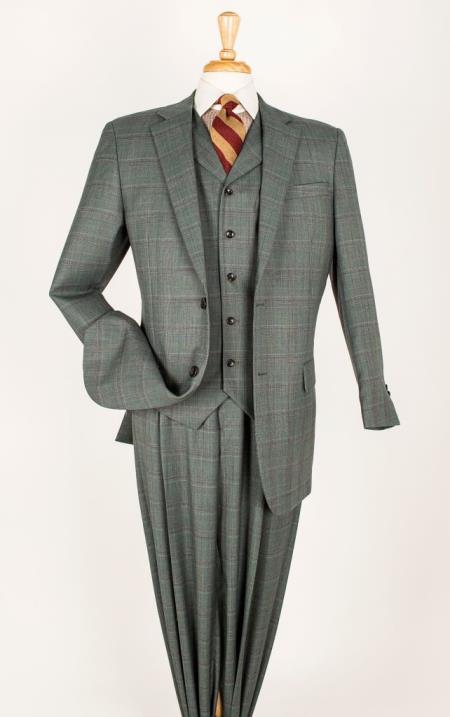 Mensusa Products Men's 3 piece 100% Wool Fashion Suit - Textured Pattern Sage