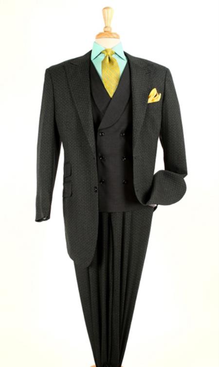 Mensusa Products Men's 3 piece 100% Wool Fashion Suit - Pin Dot Gray/white dot,Charcoal/Green dot