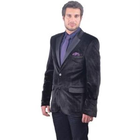 Mensusa Products Mens Black Fitted Velvet Blazer with Tuxedo Satin Lapel