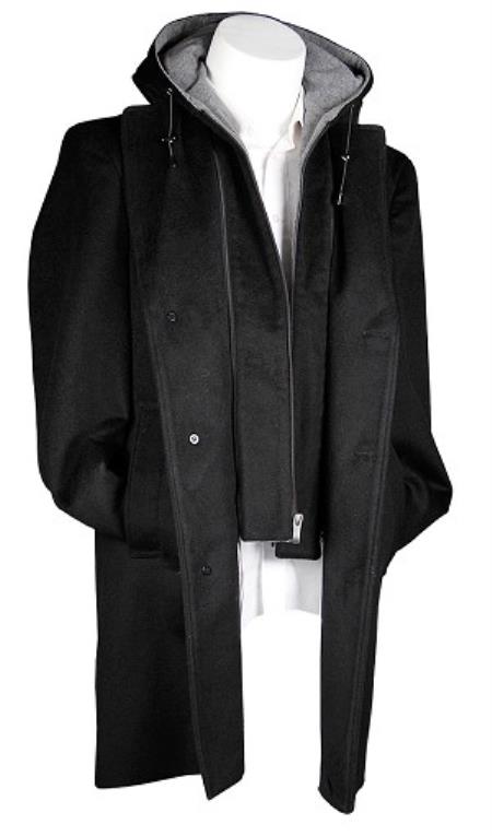 Mensusa Products Men's Wool 3/4 Black Hooded Overcoat West End