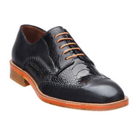 Mensusa Products Belvedere Borgo Ostrich & Calfskin Wingtip Shoes Black