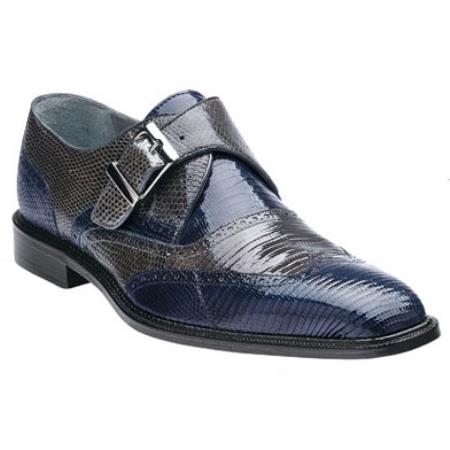 Mensusa Products Belvedere Pasta Lizard Wingtip Monk Strap Shoes Navy / Gray