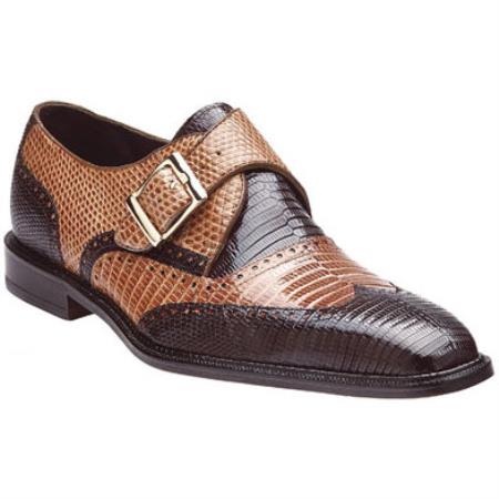 Mensusa Products Belvedere Pasta Lizard Wingtip Monk Strap Shoes Brown / Camel