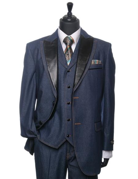 Mensusa Products Mens indigo ~ teal Denim Tuxedo 3 Piece Suit
