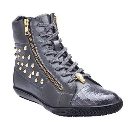 Mensusa Products Belvedere Dante Crocodile & Calfskin Side Zipper Sneakers Spring Gray