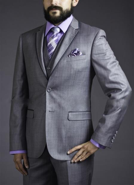 Mensusa Products Two Button Three Piece Grey Sharkskin Suit with Contrast Taping
