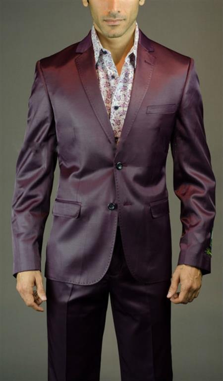 Mensusa Products Two Button Three Piece Shiny Burgundy Slim Fit Suit