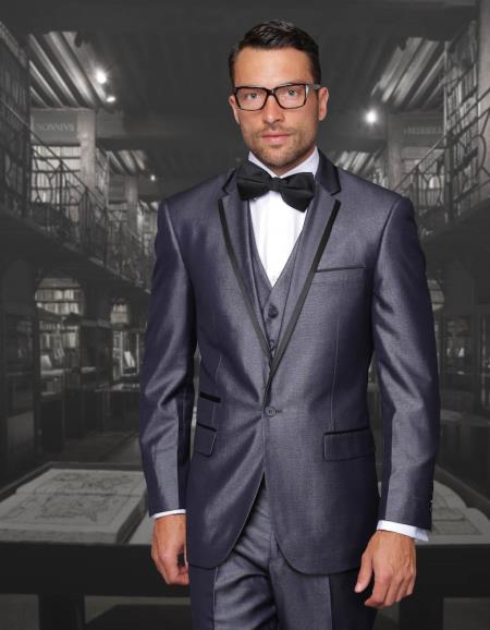 Mensusa Products Tuxedo Formal Suits Two Toned Black Lapled Three Piece One Button Sharkskin Mens Suit With Solid Black Satin Trim On Collar Blue