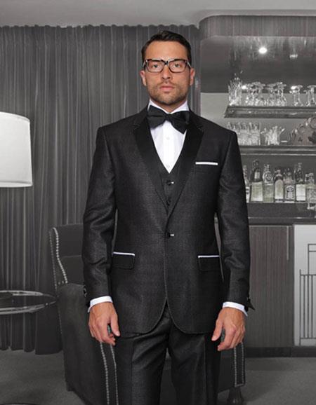 Mensusa Products Tuxedo Formal Suits Two Toned Black Lapled Three Piece One Button Sharkskin Mens Suit With Solid Black Satin Collar