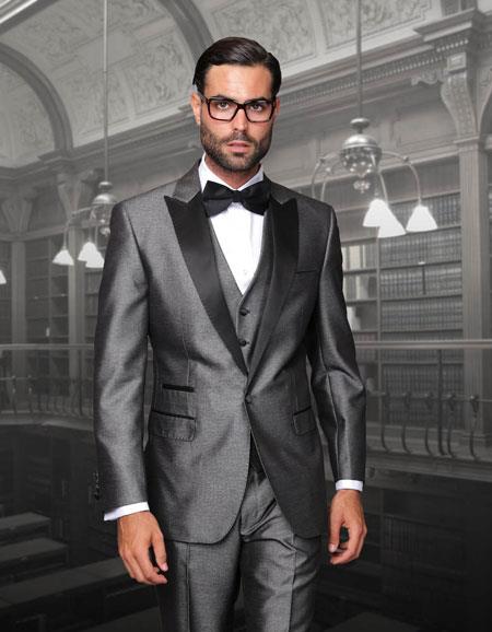 Mensusa Products Tuxedo Formal Suits Two Toned Black Lapled Three Piece One Button Sharkskin Mens Suit With Solid Black Satin Collar Gray