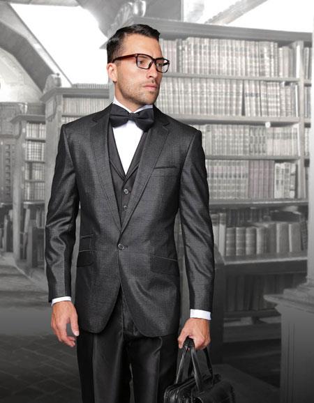 Mensusa Products Tuxedo Formal Suits Two Toned Black Lapled Three Piece One Button Sharkskin Mens Suit With Solid Black Satin Trim On Collar Charcoal