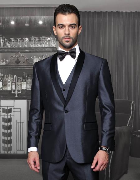 Mensusa Products Tuxedo Formal Suits Two Toned Black Lapled Three Piece One Button Shawl Collar Mens Suit With Trim