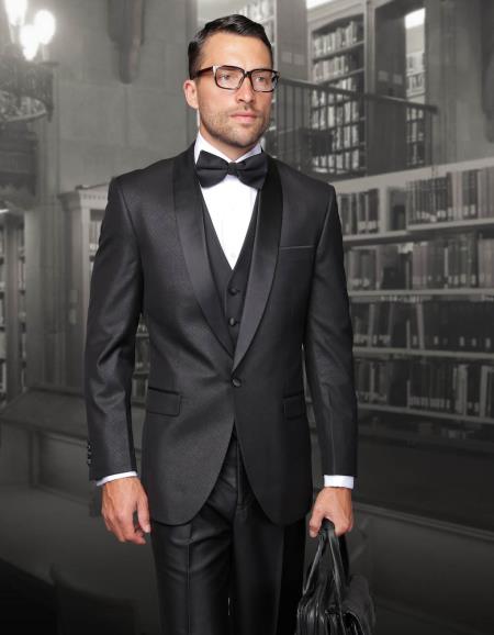 Mensusa Products Tuxedo Formal Suits Two Toned Black Lapled Three Piece One Button Mens Suit With Solid Shawl Collar And Pants Black
