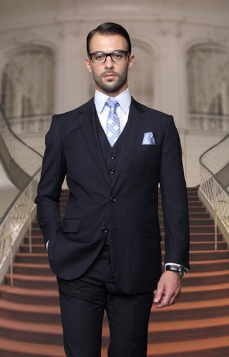 Mensusa Products Mens Big And Tall Or Extra Long Tall Vested Three piece 100% Wool Italian Dress Suit Navy