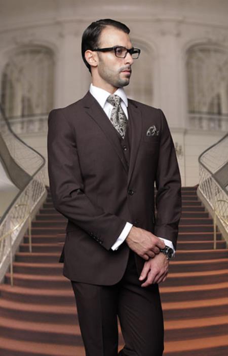 Mensusa Products Mens Big And Tall Or Extra Long Tall Vested Three piece 100% Wool Italian Dress Suit Solid Brown