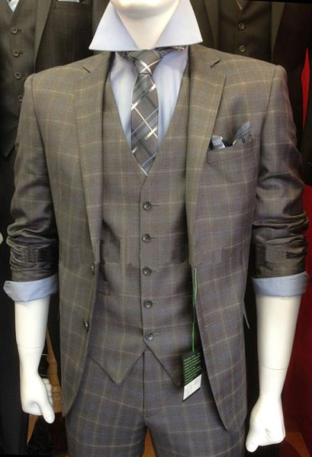 Mensusa Products Two Button Three Piece Slim Fit Grey Plaid Suit