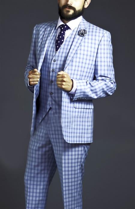 Mensusa Products Two Button Three Piece Blue Windowpane Plaid Pattern Suit