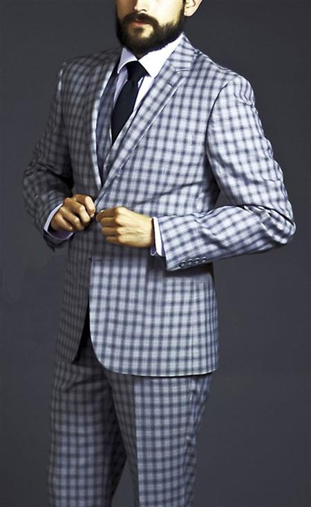 Mensusa Products Two Button Three Piece Black Windowpane Plaid Pattern Suit