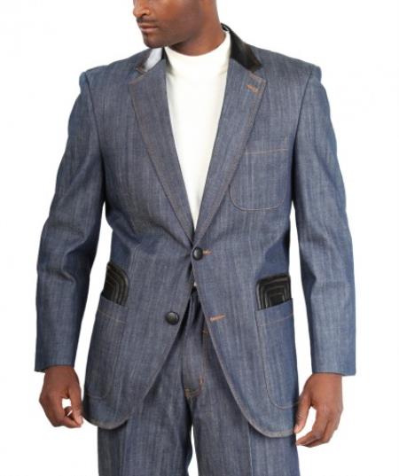 Mensusa Products Fashion Two Button Cotton Timmed Denim Suit Two Button With Leatherette