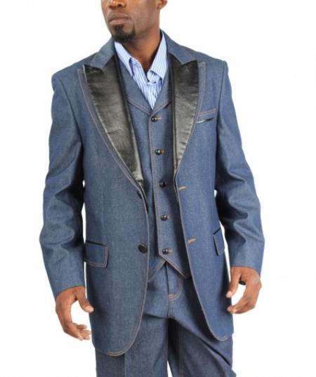 Mensusa Products Fashion Two Button Cotton Timmed Denim Suit Three Button Traditional Fit Black,Blue