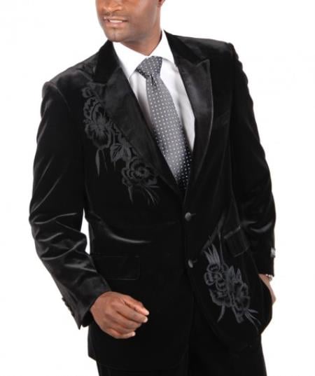 Mensusa Products Fashion Two Button Cotton Timmed Velvet Suit Two Button with Embroidery Black,Navy