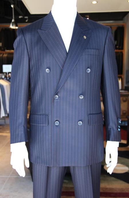 Mensusa Products Mens 100% Wool Super 150's Navy Blue And Burgundy ~ Maroon Stripe Double Breasted Suit Pleated Pants