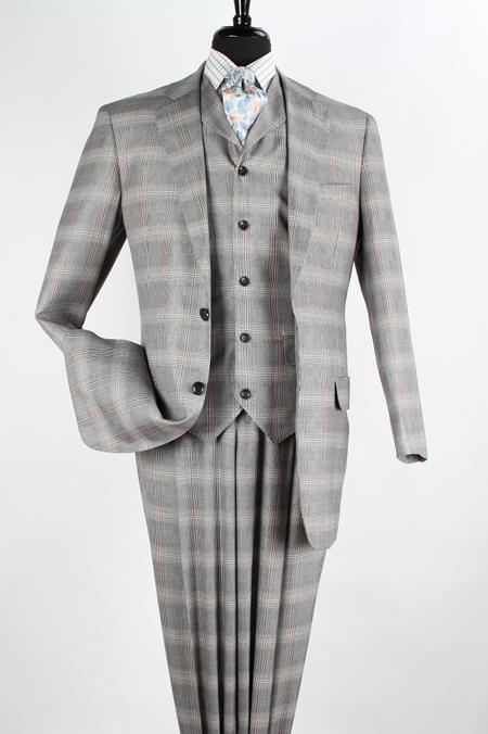 Mensusa Products Men's Three Piece High Fashion Suit - Fancy Plaid Grey,Taupe