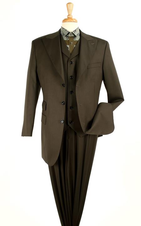 Mensusa Products Men's Three Piece 100% Wool Suit - Wide Peak Black,Olive