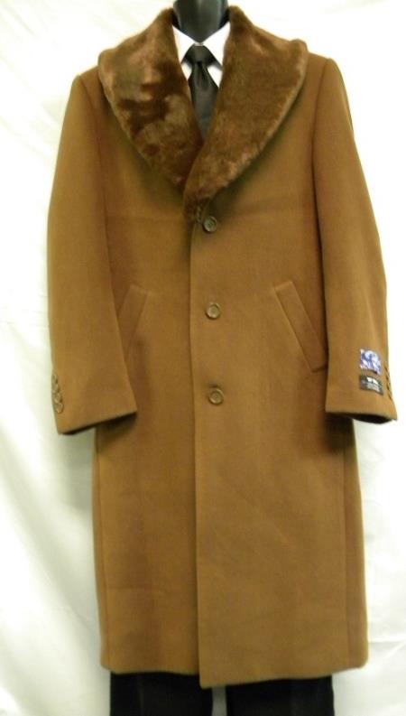 Mensusa Products Mens Full Length Fur Collar Brown Belted Wool Overcoat