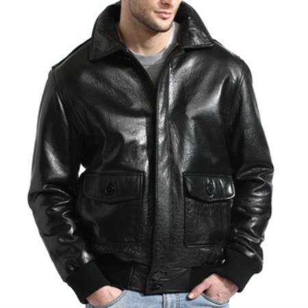 Mensusa Products Men's Black Lambskin Leather Bomber Jacket Black