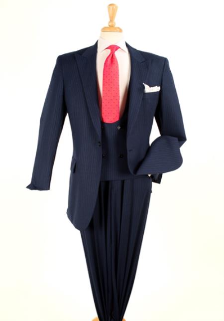 Mensusa Products Men's Three Piece 100% Wool Fashion Suit Navy W/Blue