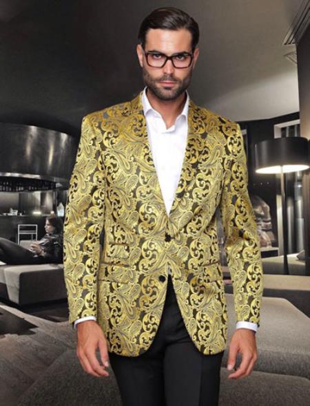 Mensusa Products Mens Vintage Fancy Gold Paisley Two Button Sport Coat/Blazer