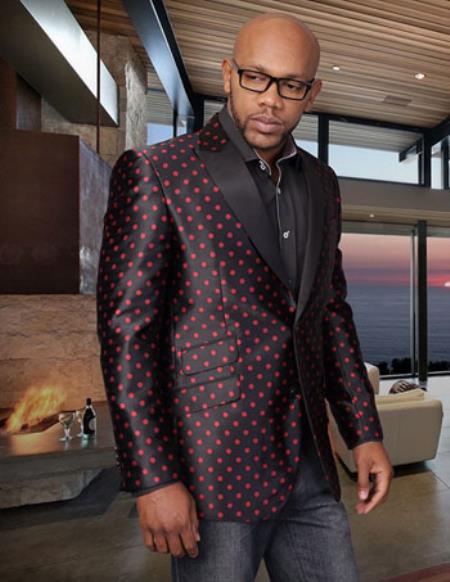 Mensusa Products Mens Vintage Black With Red Polka Dot Two Button Sport Coat/Blazer