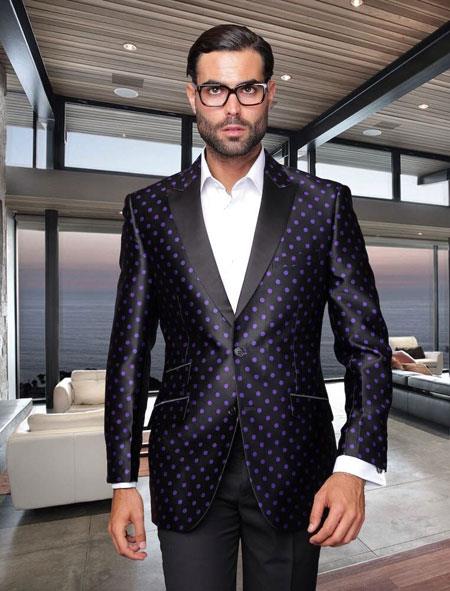 Mensusa Products Mens Vintage Black With Purple Polka Dot Two Button Sport Coat/Blazer