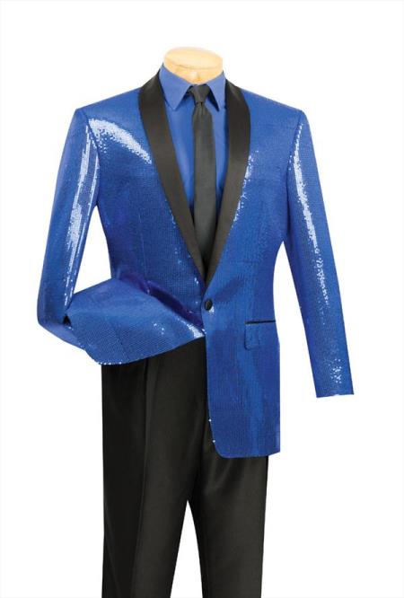 Mensusa Products Tuxedo Sequin Dinner Jacket Stage Blazer Coat Shawl Collar Flashy Shiny Suit Blue