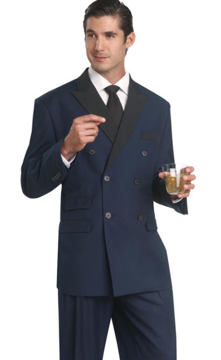 Mensusa Products Mens Double Breasted Black Lapeled Dress Suit Navy Blue