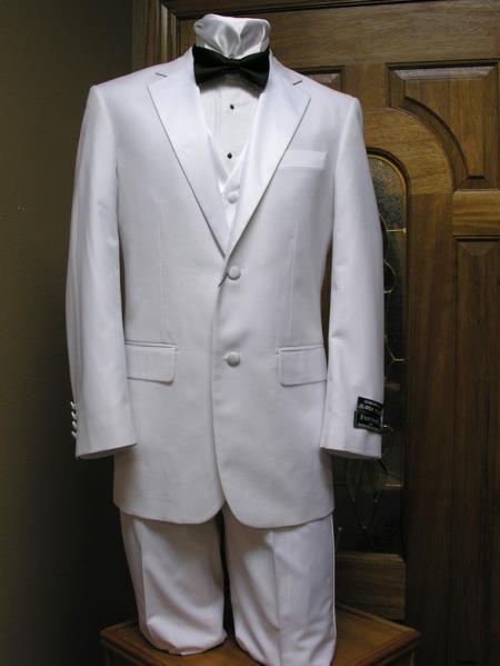 Mensusa Products Two Button Notch Lapel Tuxedo jacket,Pant And Vest Combination White