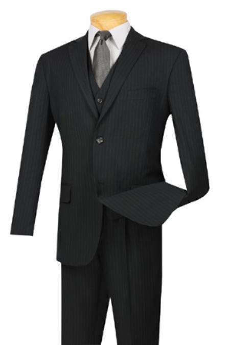 Mensusa Products Extra Long For Tall Man Vested Three Piece Two Button Style Pinstripe Suit Black