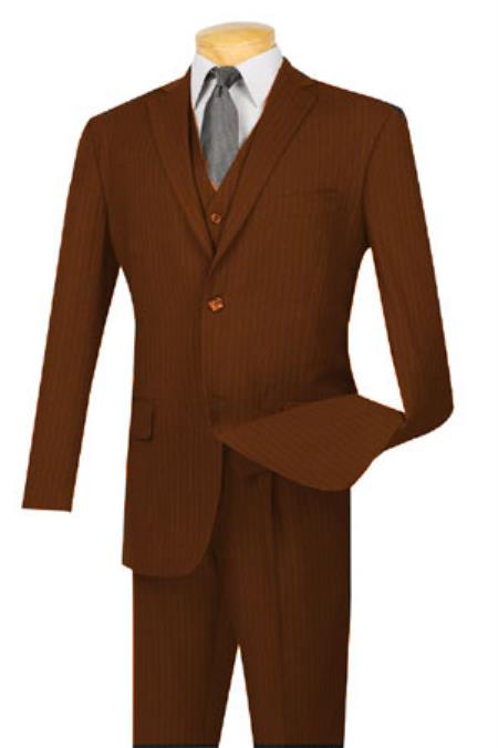 Mensusa Products Extra Long For Tall Man Vested Three Piece Two Button Style Pinstripe Suit Brown