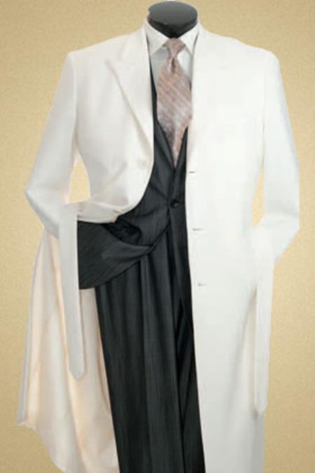 Mensusa Products Mens Peak Lapel Cream ~ OFF White ~ Ivory Maxi 51 Inch Long Full Length Coats (topcoat , overcoat)