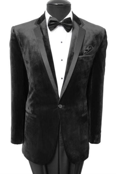 Mensusa Products Men's Velvet Velour Blazer Sport Coat Two Button Tuxedo Jacket With Black Trim Black